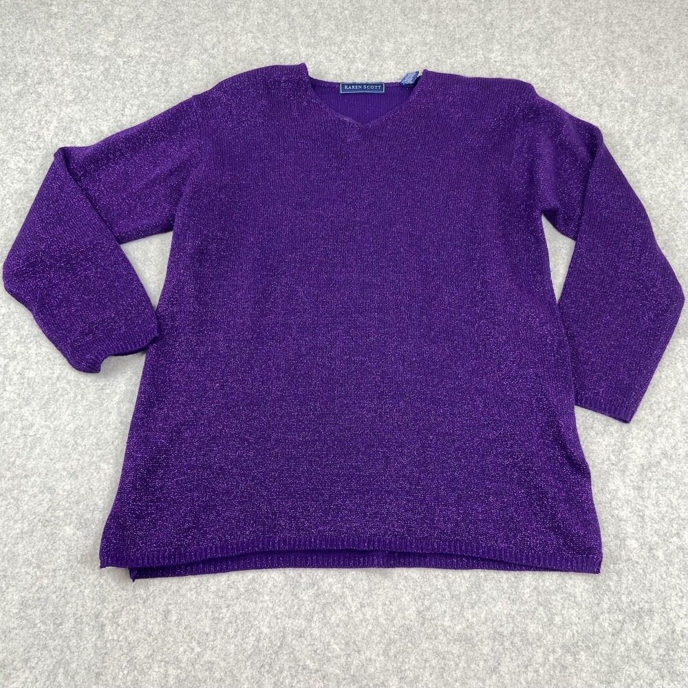 Karen Scott Sweater Womens Large Purple Metallic V Neck Sparkle Knit Pullover